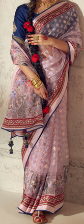 Exquisite Contrasting Light Pink Floral Organza saree with beautiful print, piping work or tassels on pallu | party wear saree | Festive saree